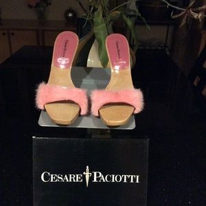 Cesare Paciotti fur and wood slides w/ 3.5 in heel